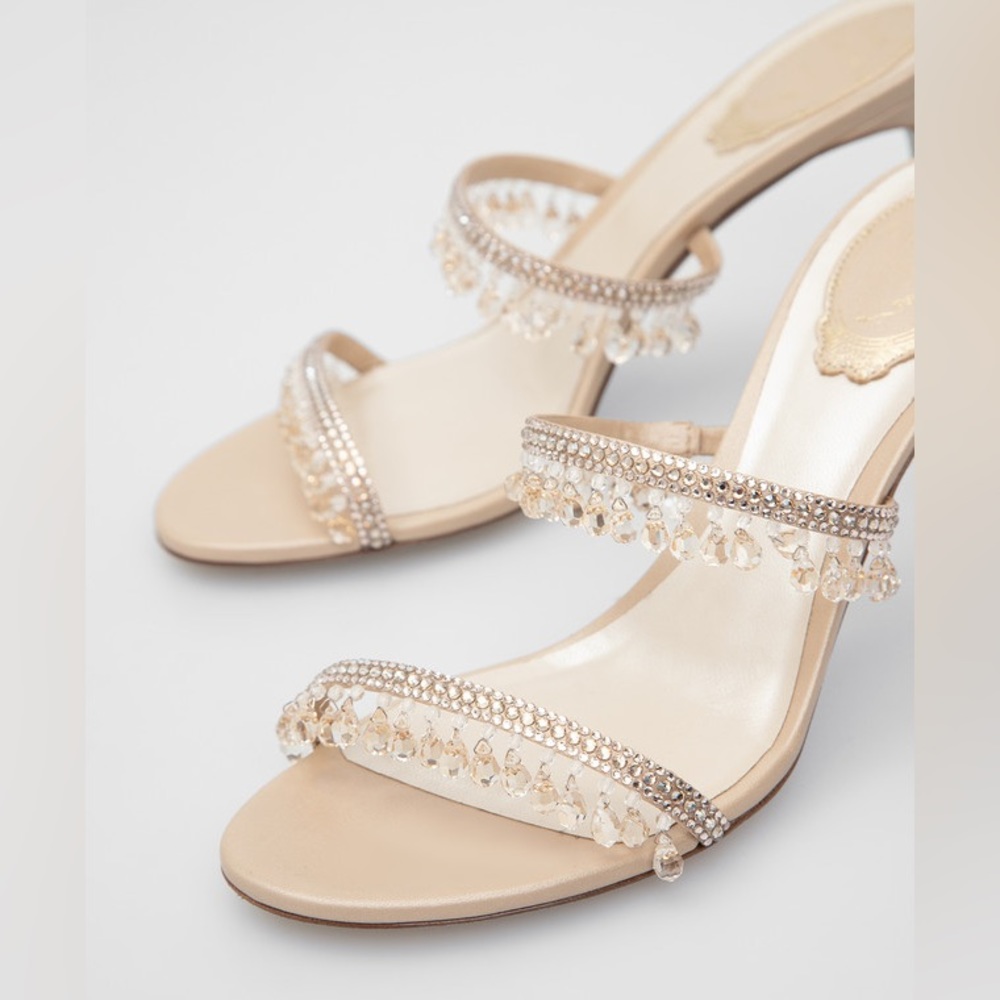 Rene Caovilla Nude Satin-Gold Lamb/ Honey Strass Chandelier Heels